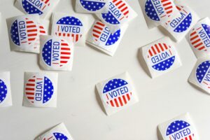 photo of scattered "I Voted" stickers